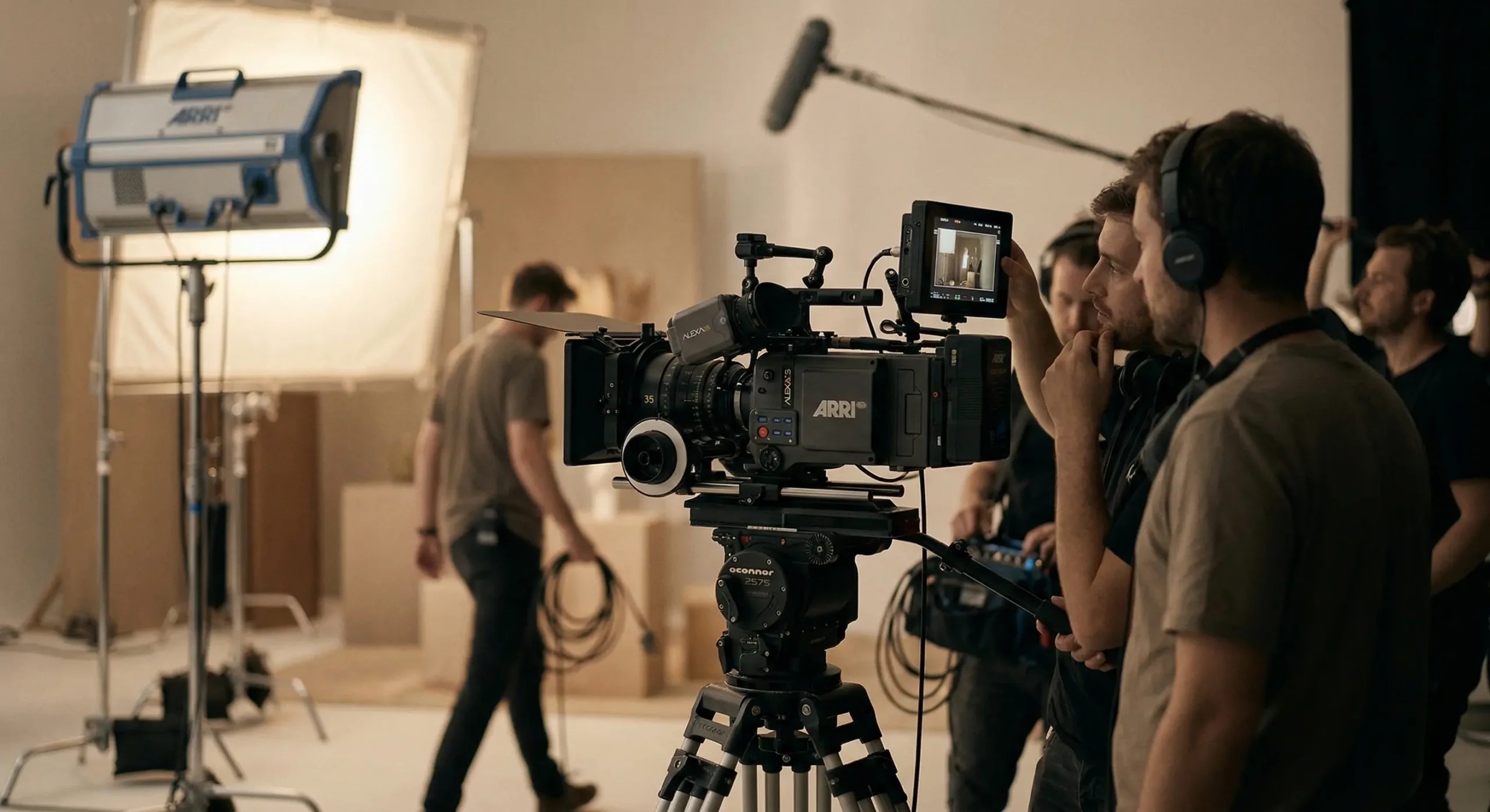 Filmteam beim Dreh mit Kamera und Licht