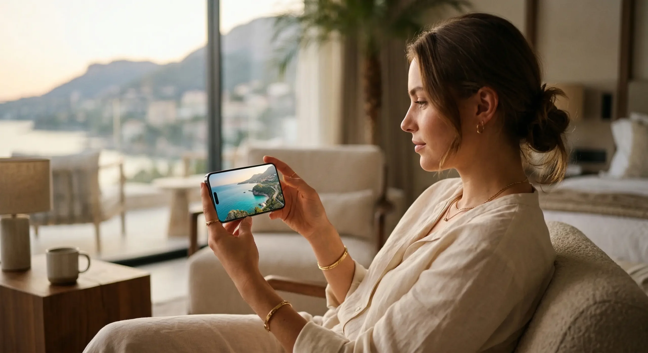 Gast sieht sich ein Reisevideo auf dem Smartphone an